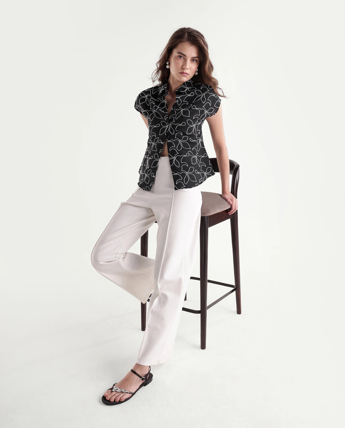 Rareism Women's Selsh Black Viscose Blend Spread Collar Button Regular Embroidered Shirt