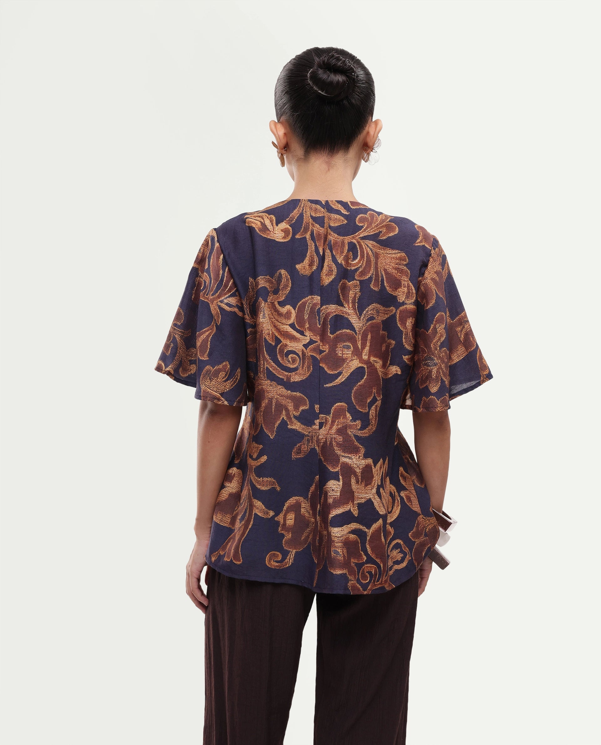 Rareism Women's Daco Brown Viscose Blend V-Neck Pull-On Regular Floral Print Top