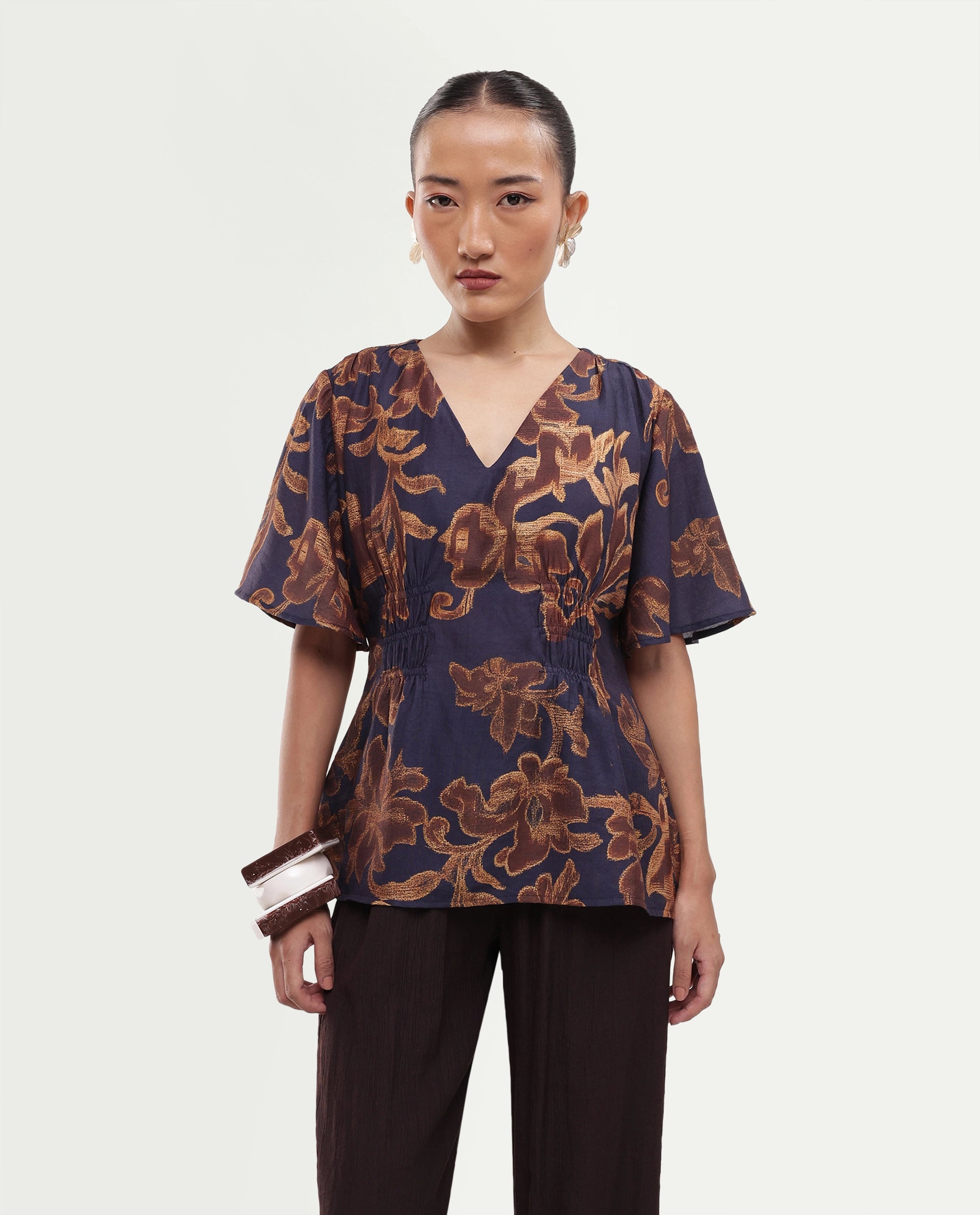 Rareism Women's Daco Brown Viscose Blend V-Neck Pull-On Regular Floral Print Top