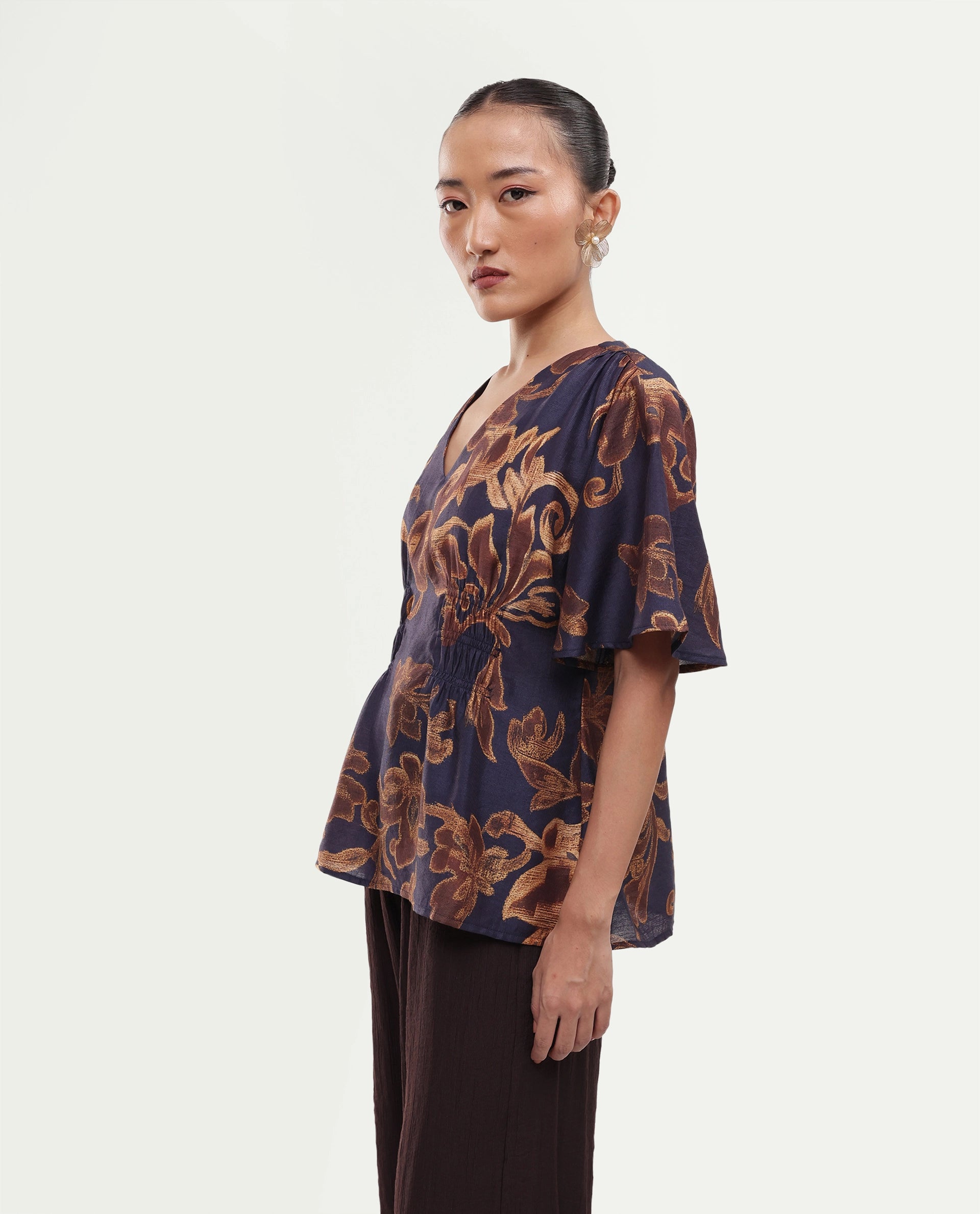 Rareism Women's Daco Brown Viscose Blend V-Neck Pull-On Regular Floral Print Top