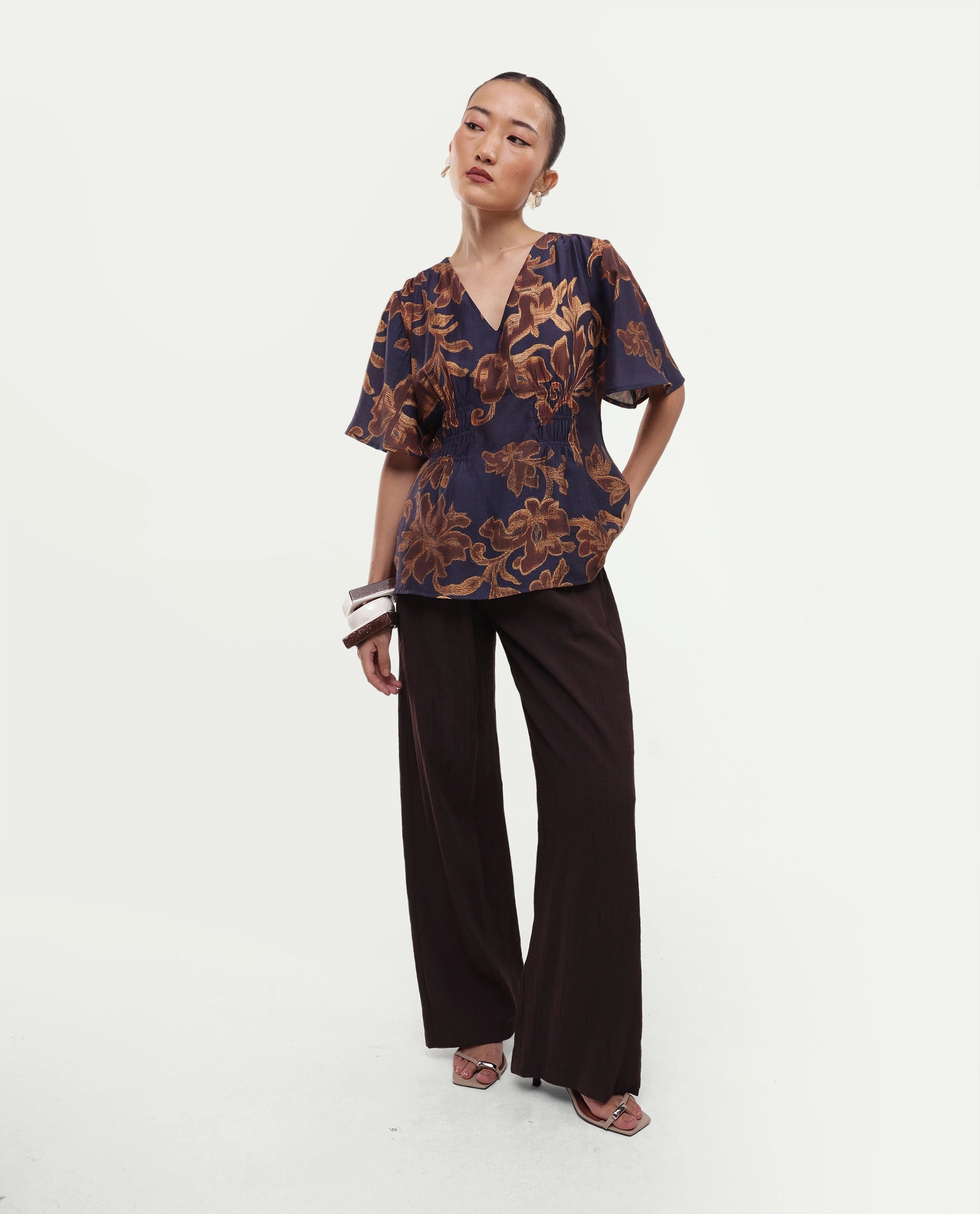 Rareism Women's Daco Brown Viscose Blend V-Neck Pull-On Regular Floral Print Top