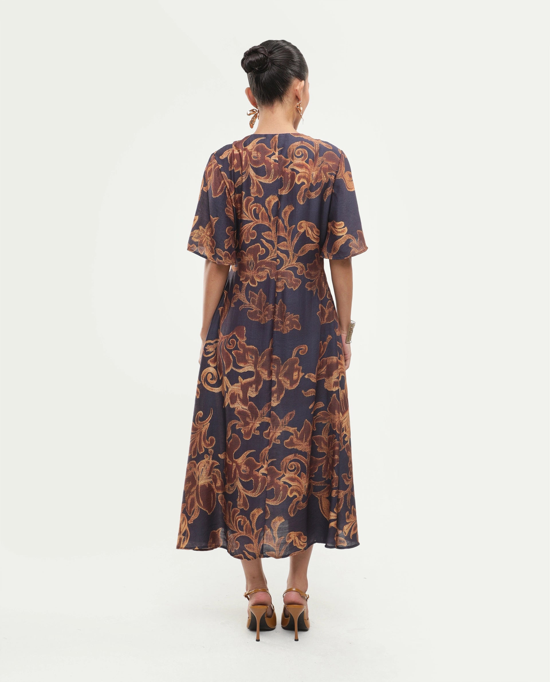 Rareism Women's Dacro Brown Viscose Blend V-Neck Pull-On Fit And Flare Floral Print Dress