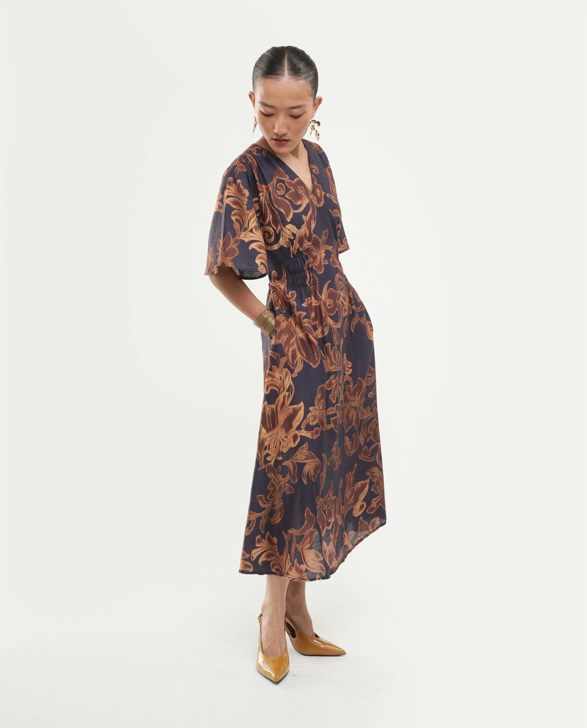 Rareism Women's Dacro Brown Viscose Blend V-Neck Pull-On Fit And Flare Floral Print Dress