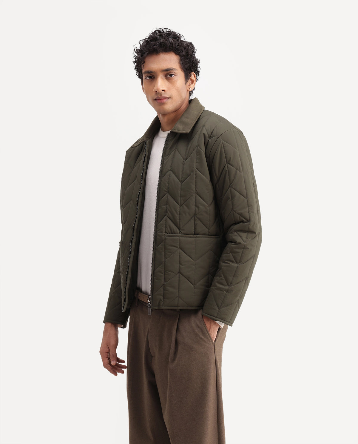 Rare Rabbit Men's Kevin Olive Polyester Spread Collar Regular Plain Jacket