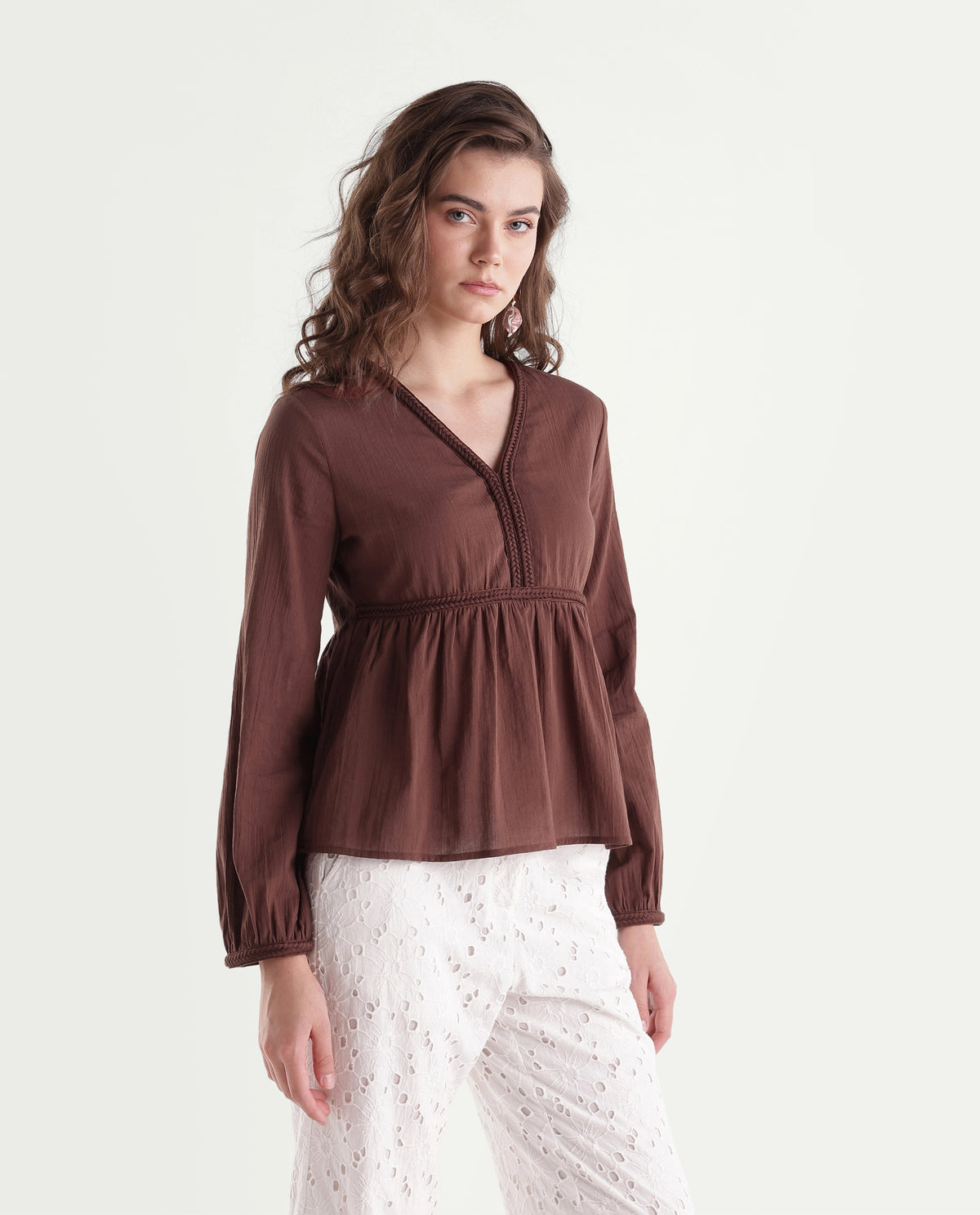 Rareism Women's Winth Brown Cotton V-Neck Regular Plain Top