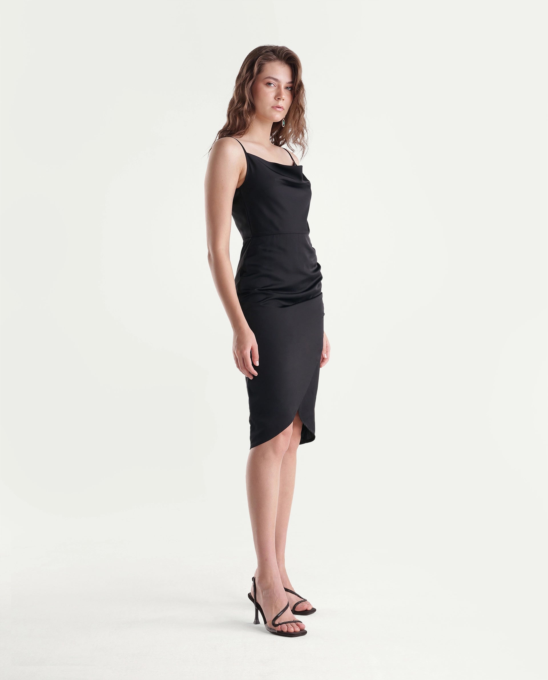 Rareism Women's Riluaw26 Black Polyester Cowl Neck Bodycon Plain Dress