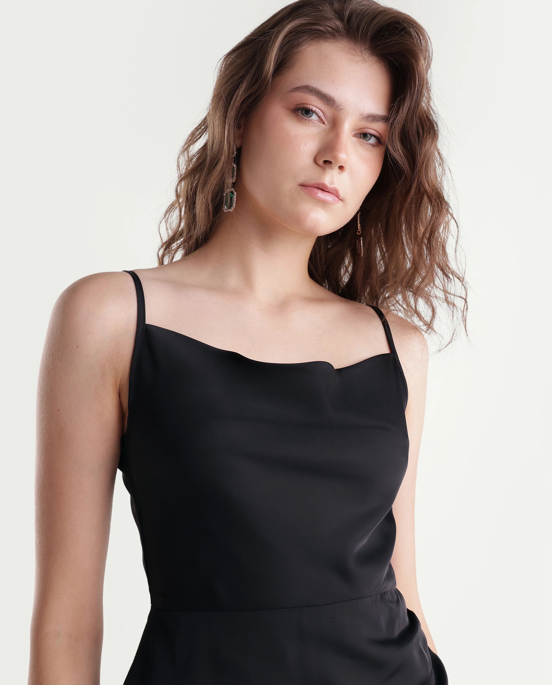 Rareism Women's Riluaw26 Black Polyester Cowl Neck Bodycon Plain Dress