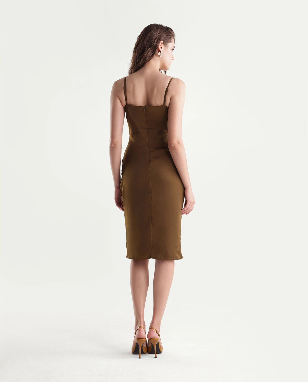 Rareism Women's Riluaw26 Gold Polyester Cowl Neck Bodycon Plain Dress