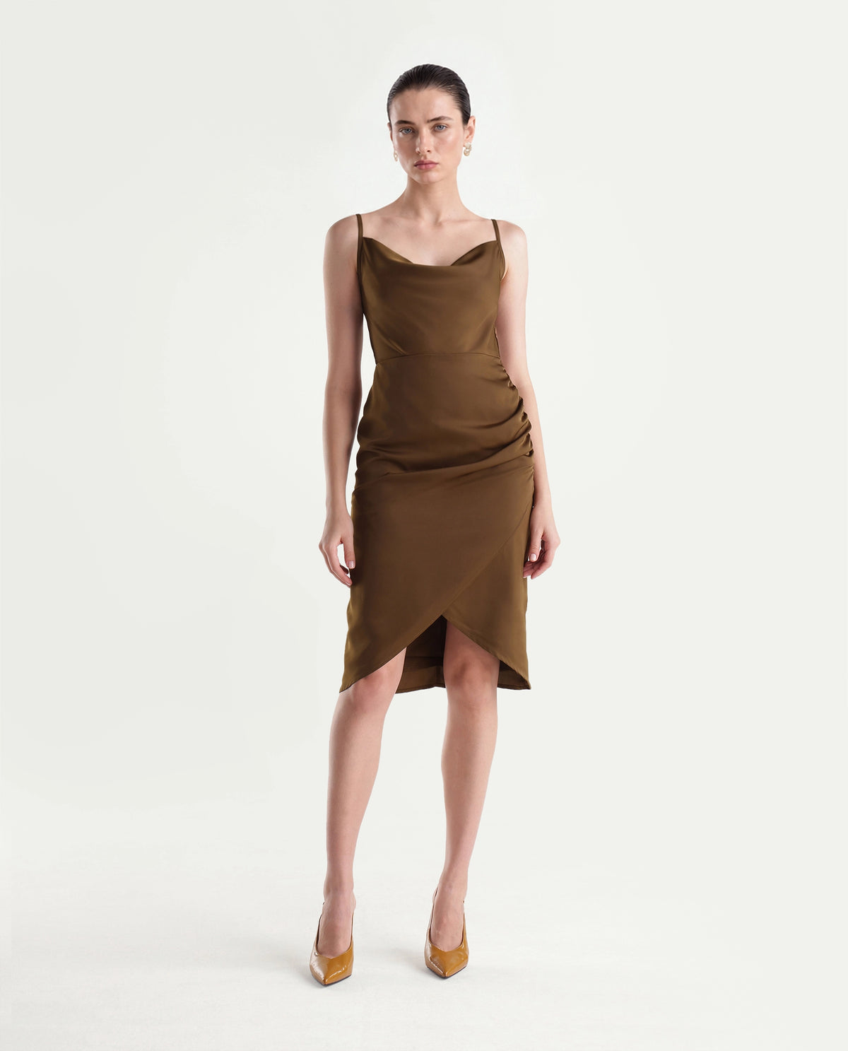 Rareism Women's Riluaw26 Gold Polyester Cowl Neck Bodycon Plain Dress