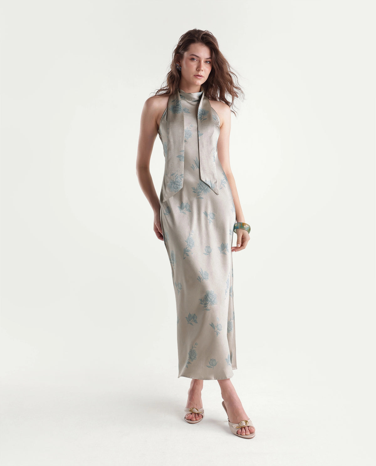 Rareism Women's Penzy Beige Polyester Halter Neck Bodycon Printed Dress