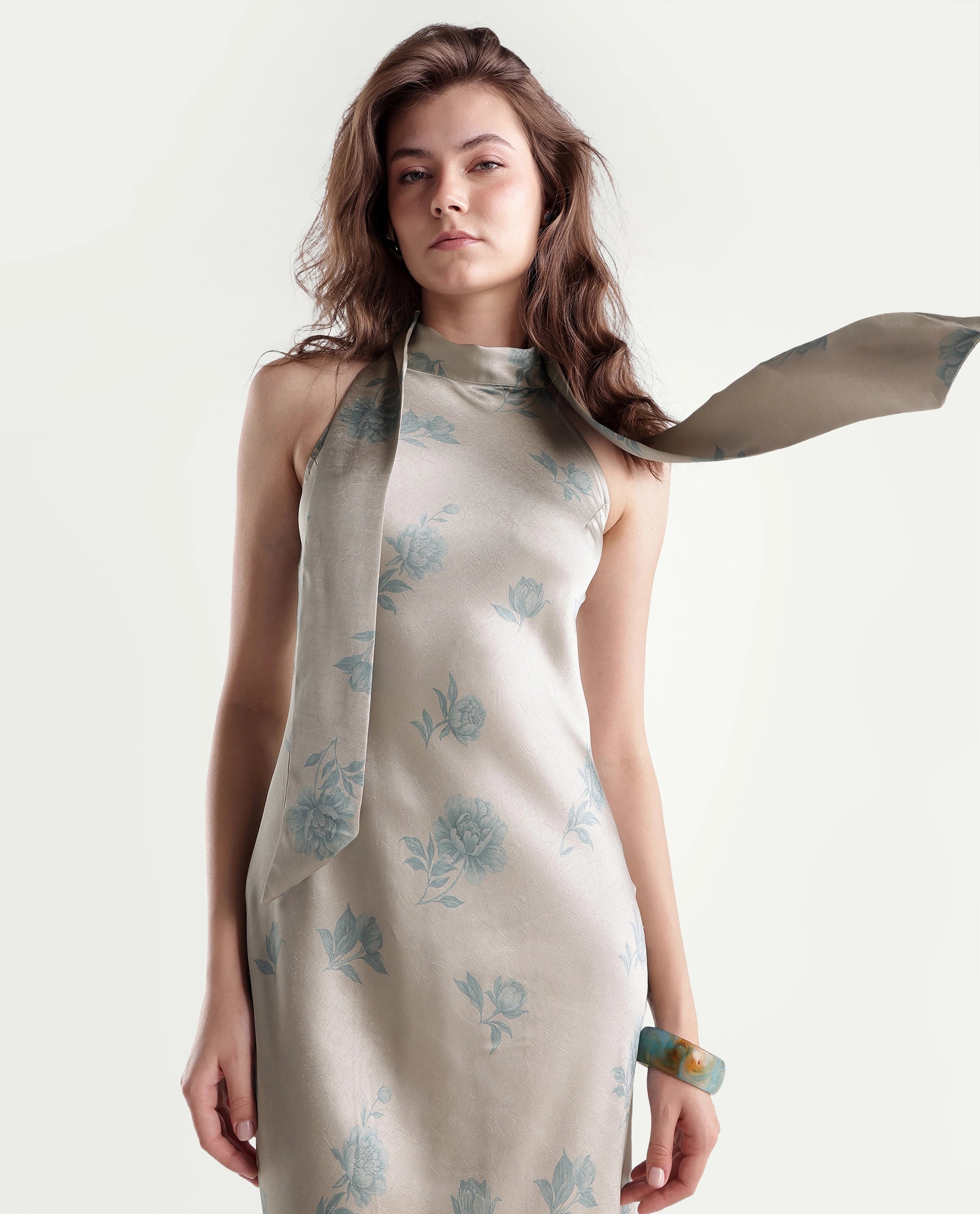 Rareism Women's Penzy Beige Polyester Halter Neck Bodycon Printed Dress