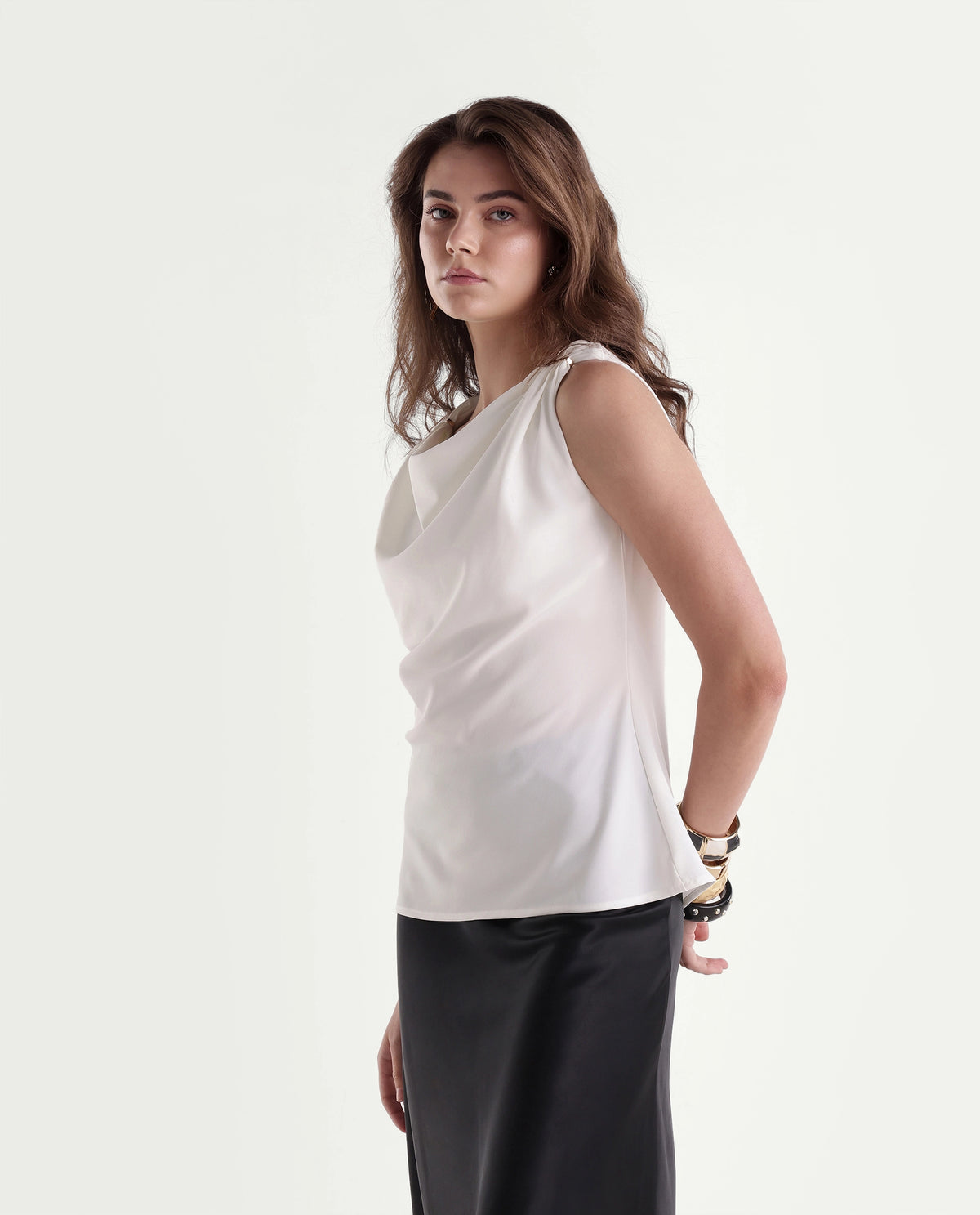Rareism Women's Prety Off White Polyester Cowl Neck Regular Plain Top