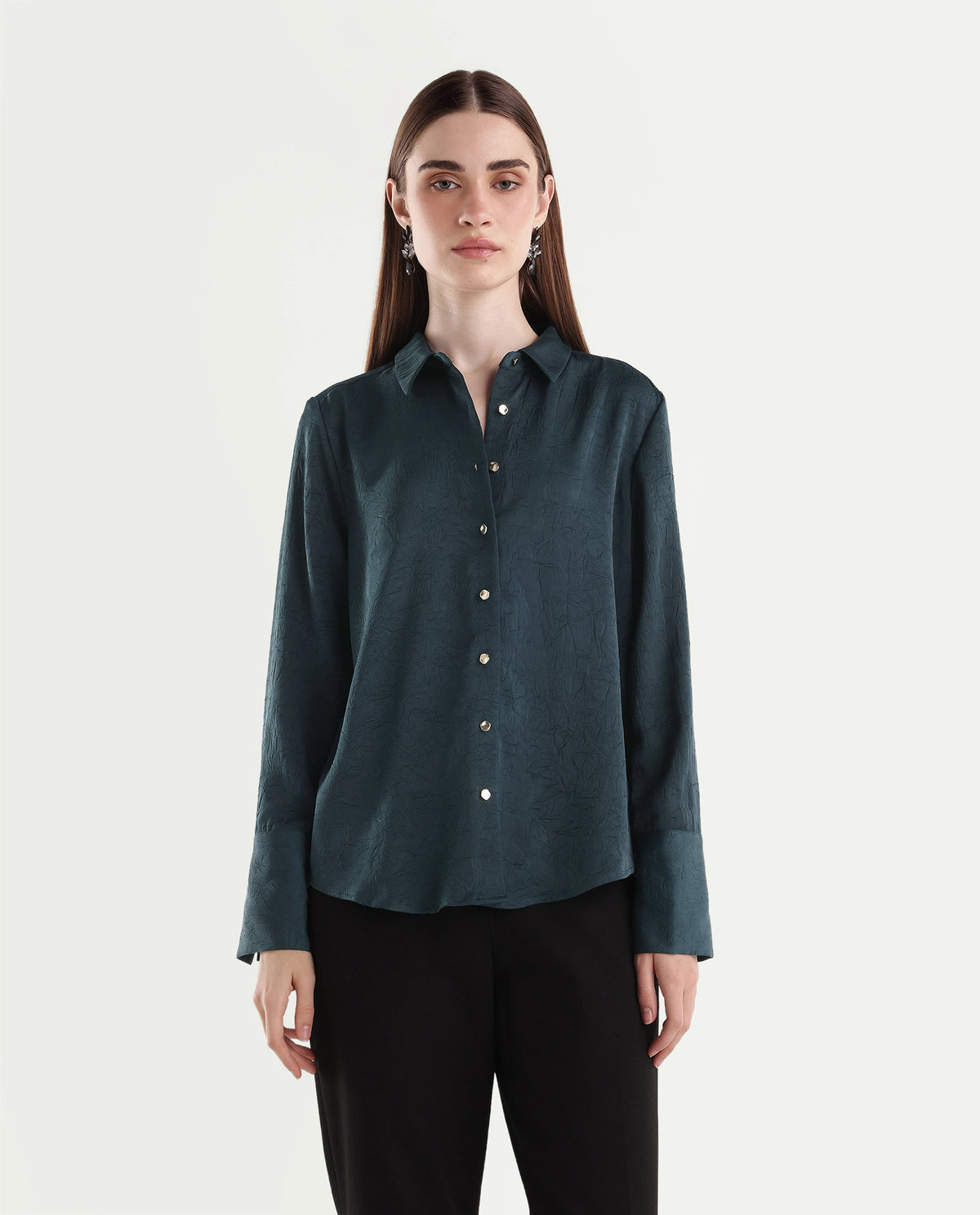 Rareism Women's Pasimo Dark Teal Polyester Spread Collar Regular Plain Shirt - image 6
