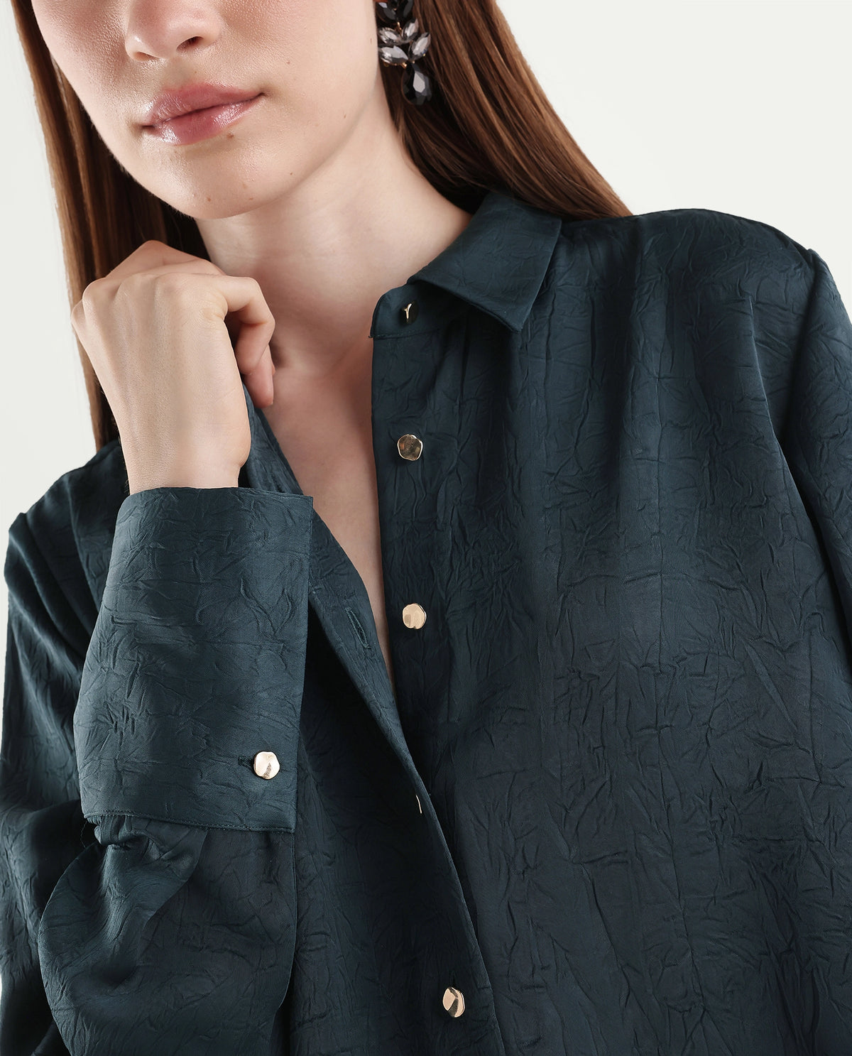 Rareism Women's Pasimo Dark Teal Polyester Spread Collar Regular Plain Shirt - image 8