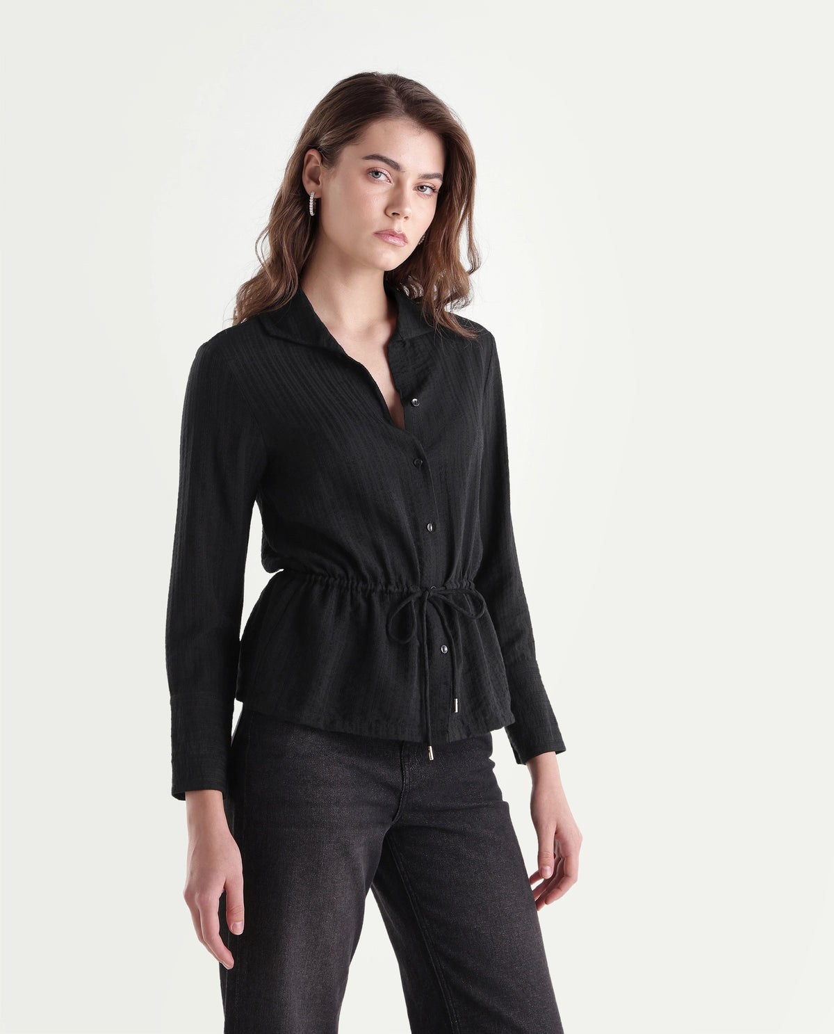 Rareism Women's Quin-T Black Viscose Blend Stand Collar Regular Jacquard Shirt