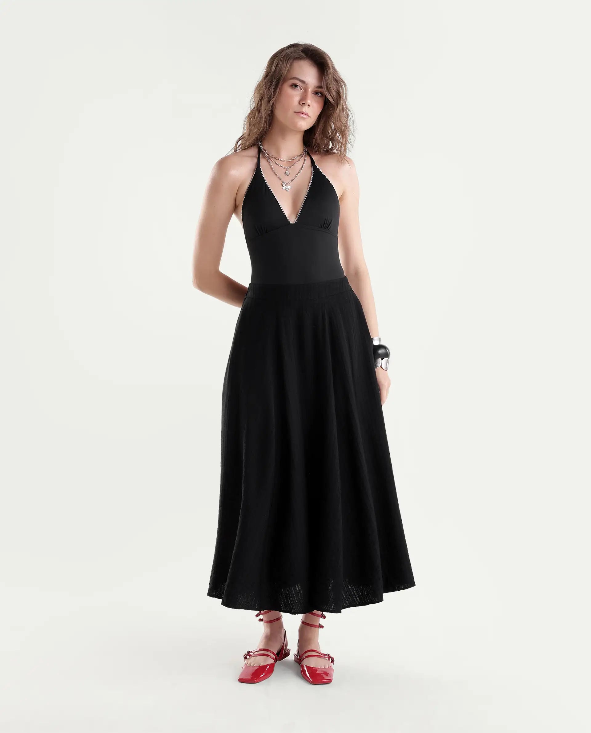 Rareism Women's Quin-B Black Viscose Blend Flared Jacquard Skirt