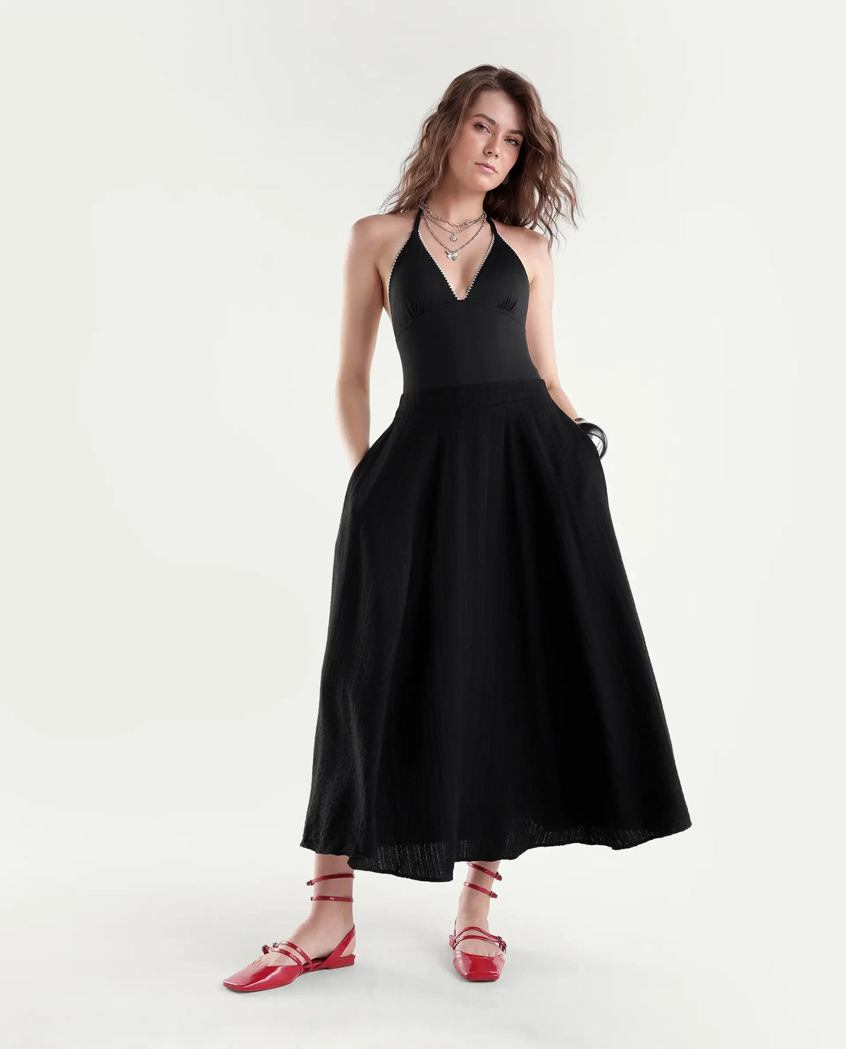 Rareism Women's Quin-B Black Viscose Blend Flared Jacquard Skirt