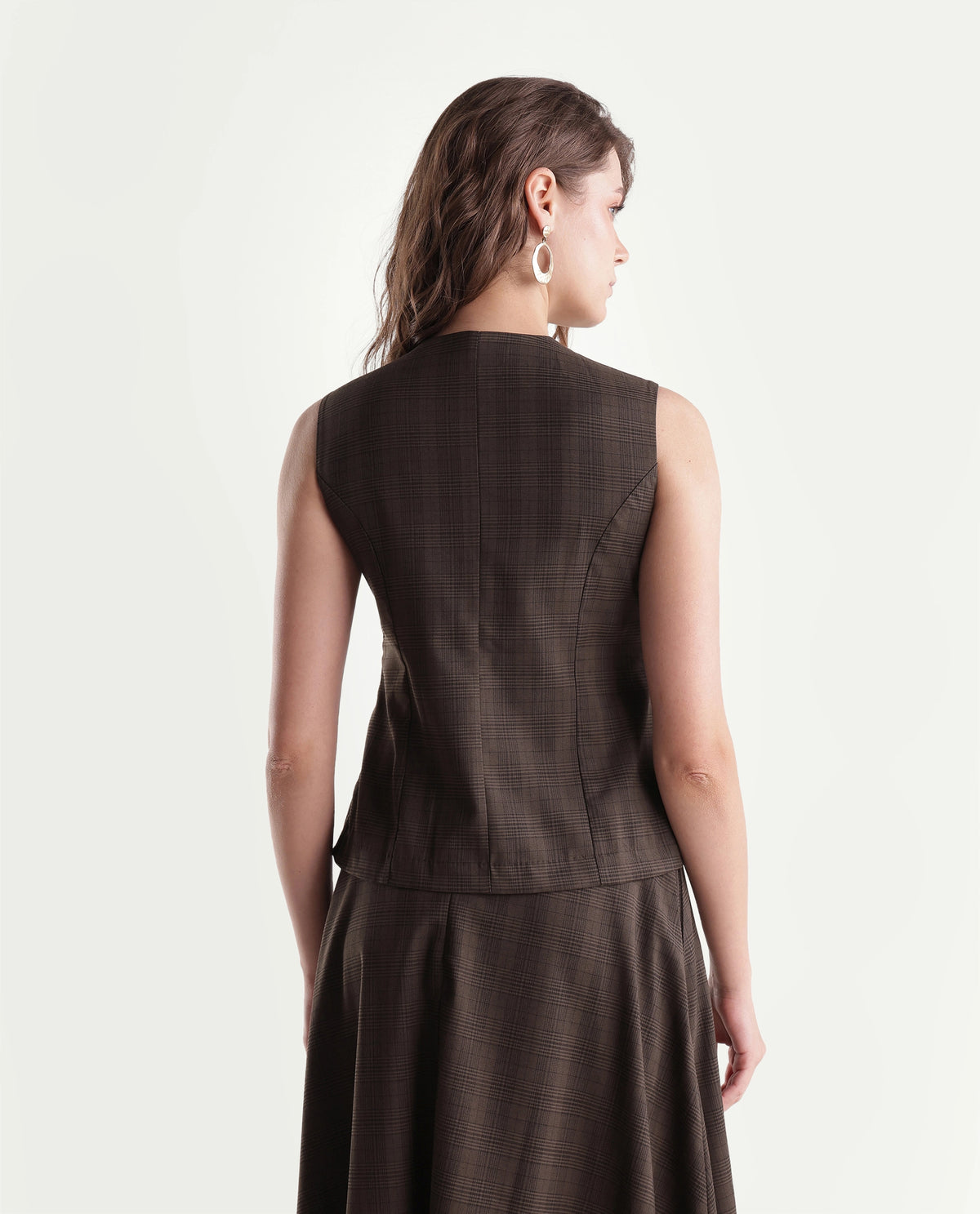 Rareism Women's Quzor-T Brown Polyester Blend Crew Neck Fit And Flare Checked Top
