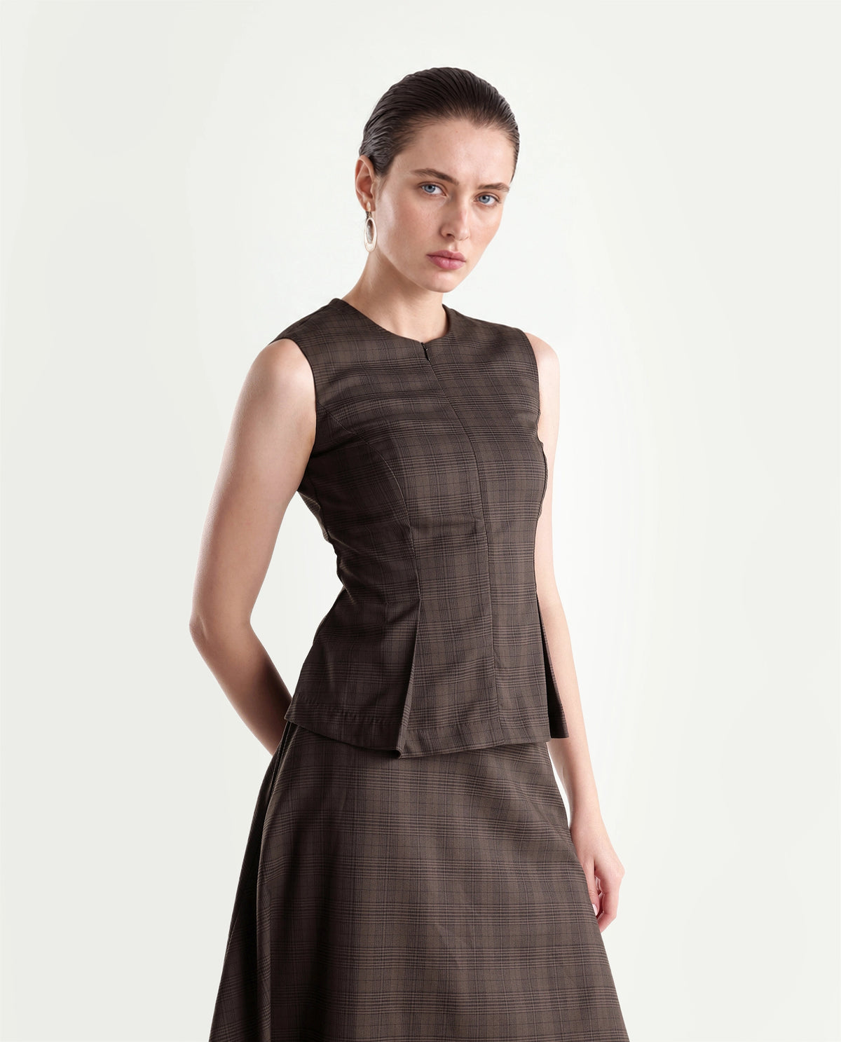 Rareism Women's Quzor-T Brown Polyester Blend Crew Neck Fit And Flare Checked Top