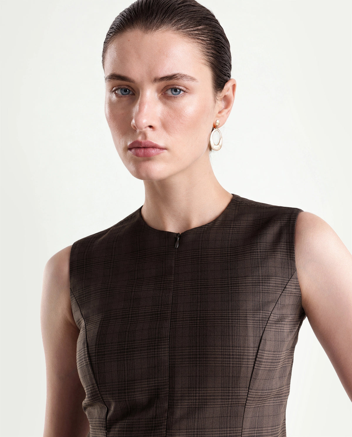 Rareism Women's Quzor-T Brown Polyester Blend Crew Neck Fit And Flare Checked Top