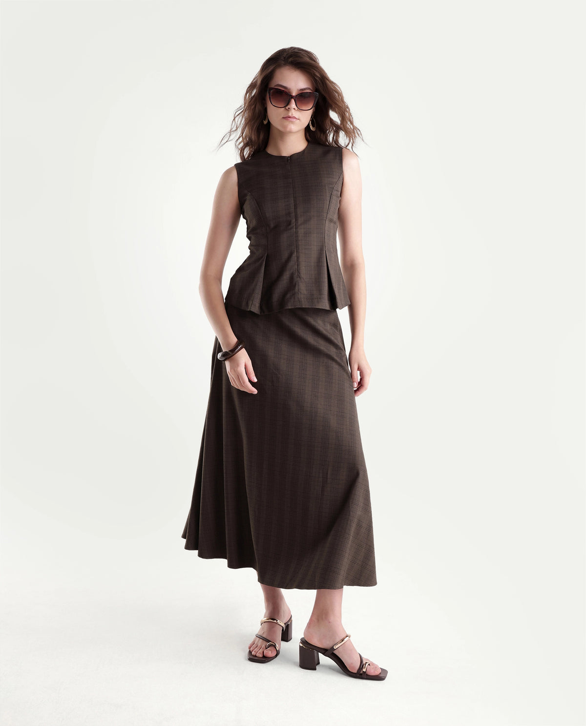 Rareism Women's Quzor-T Brown Polyester Blend Crew Neck Fit And Flare Checked Top