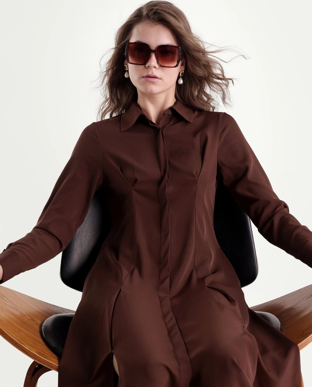 Rareism Women's Qovai Brown Polyester Spread Collar Flared Plain Dress