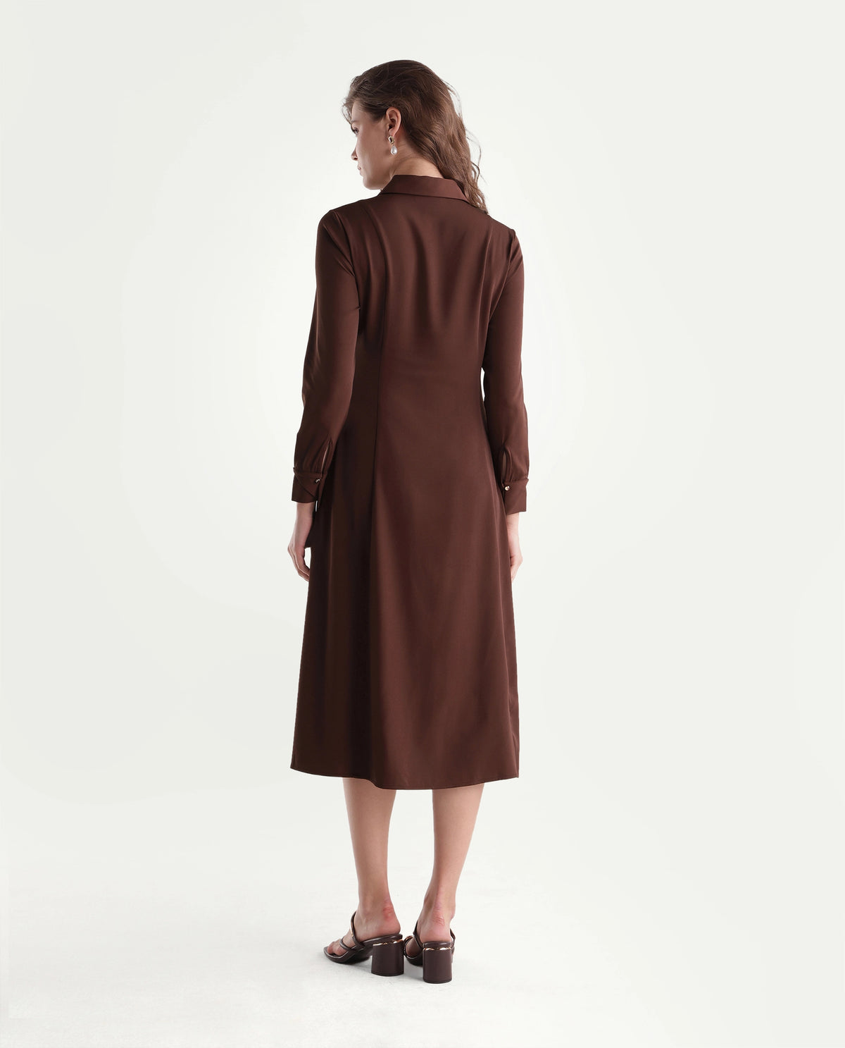Rareism Women's Qovai Brown Polyester Spread Collar Flared Plain Dress