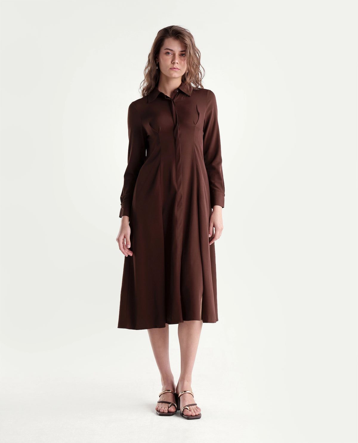 Rareism Women's Qovai Brown Polyester Spread Collar Flared Plain Dress