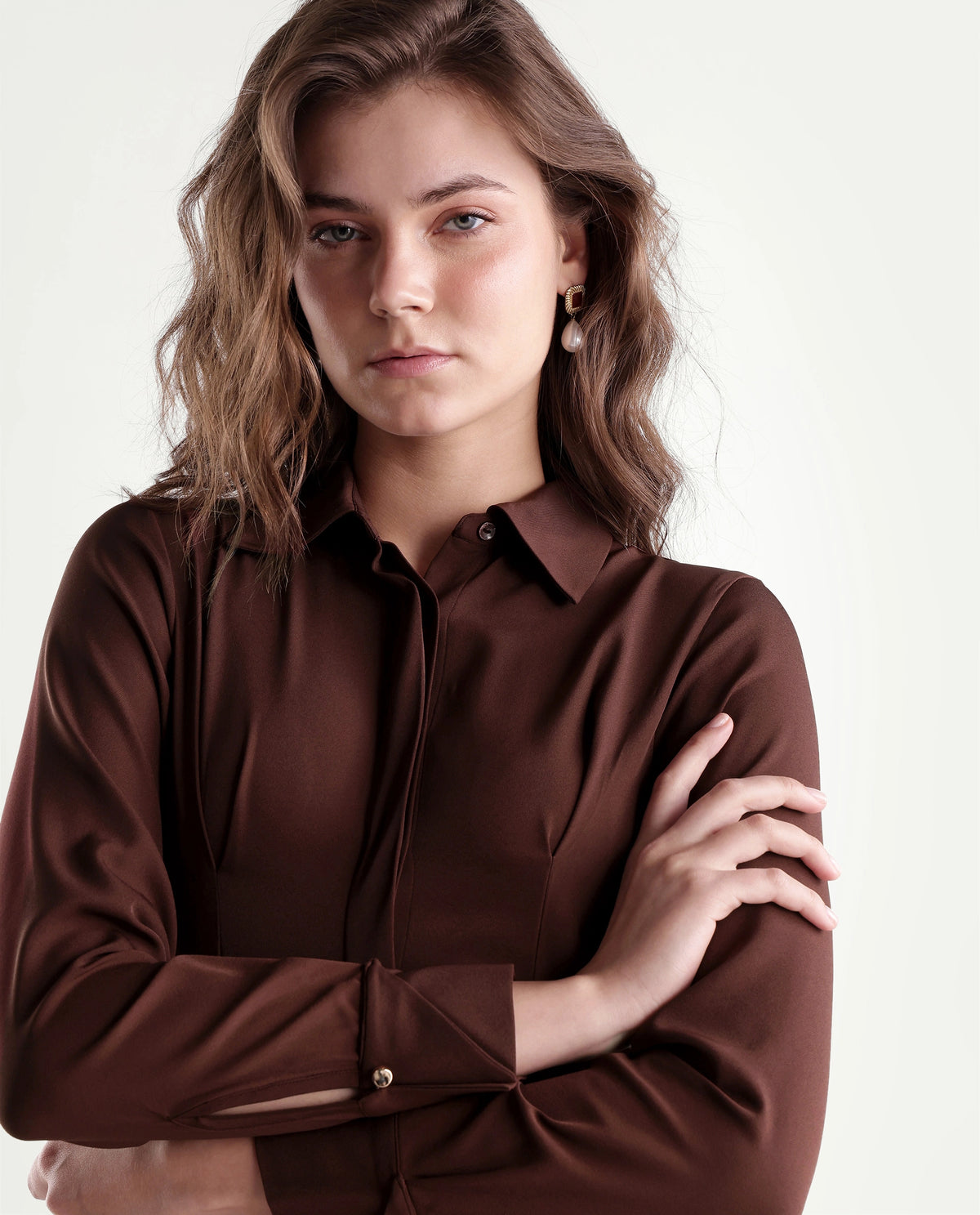 Rareism Women's Qovai Brown Polyester Spread Collar Flared Plain Dress