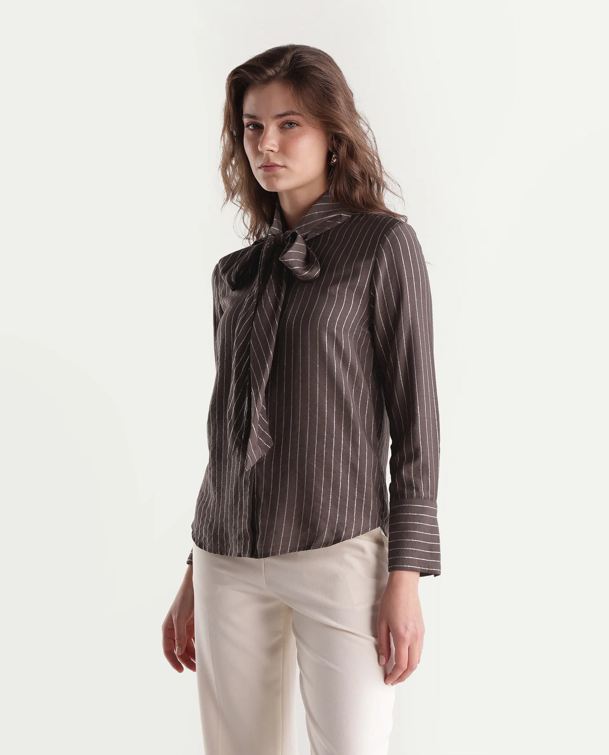 Rareism Women's Qash Brown Viscose Blend Spread Collar Regular Striped Shirt