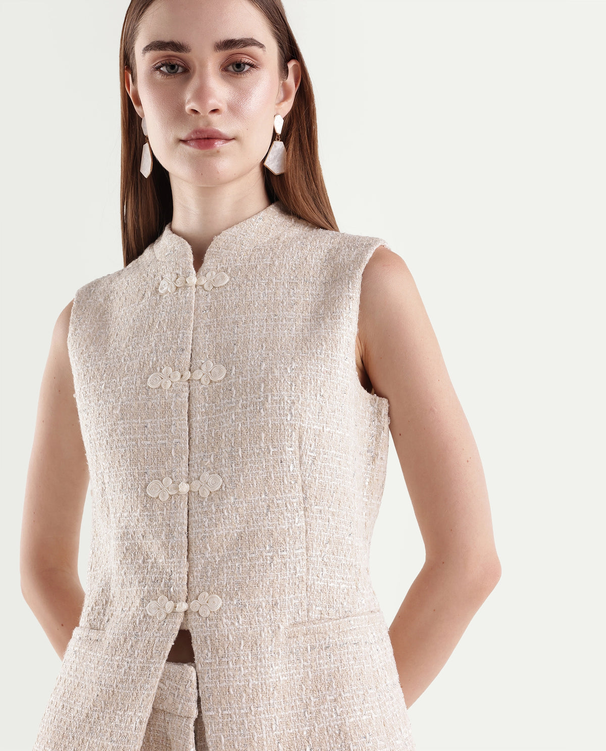 Rareism Women's Toat-T Off White Polyester Blend Mandarin Neck Regular Fit Waist Coat - image 2