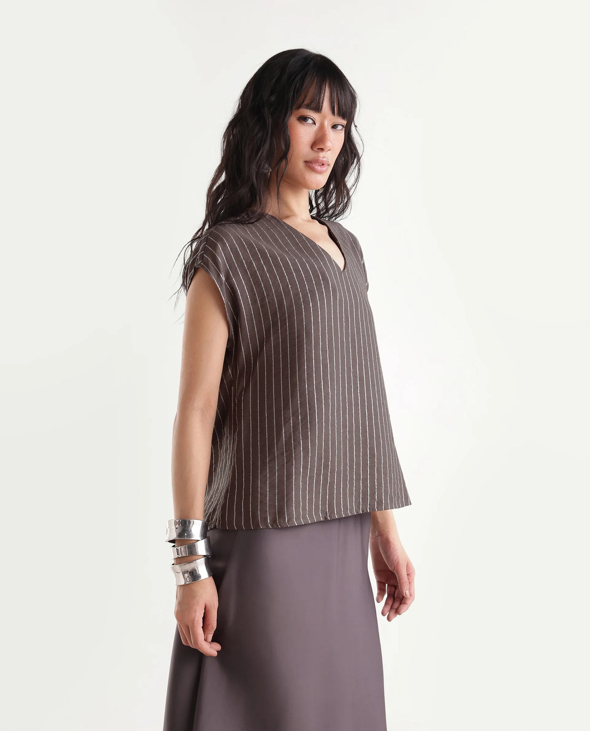 Rareism Women's Qiba Brown Viscose Blend V-Neck Regular Striped Top