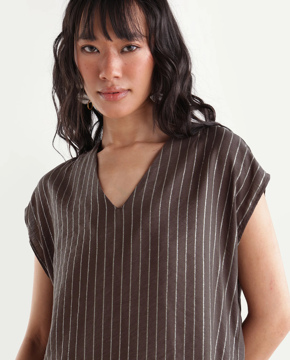Rareism Women's Qiba Brown Viscose Blend V-Neck Regular Striped Top
