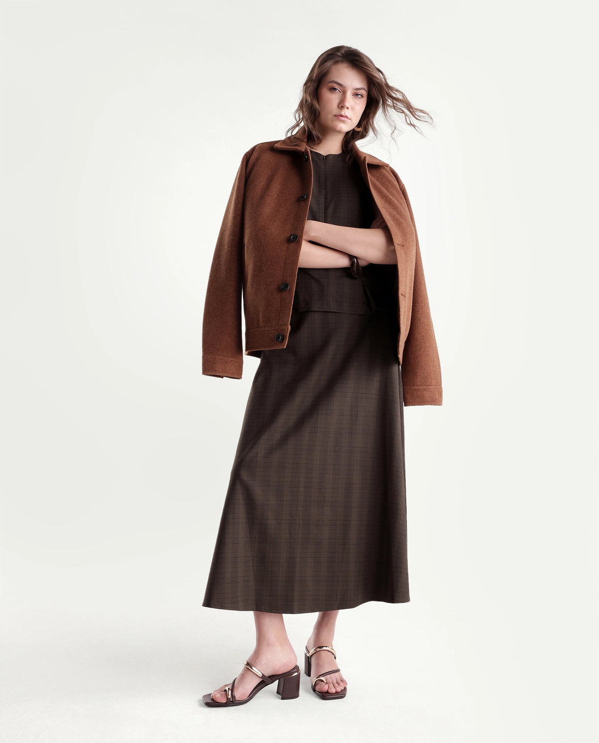 Rareism Women's Quno-B Brown Polyester Blend Flared Checked Skirt