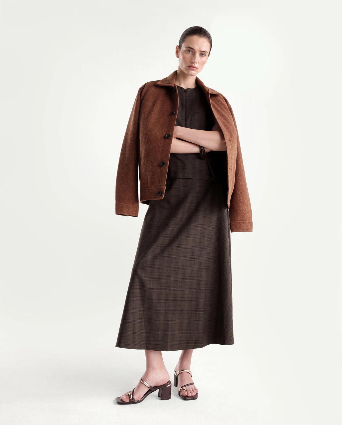 Rareism Women's Quno-B Brown Polyester Blend Flared Checked Skirt