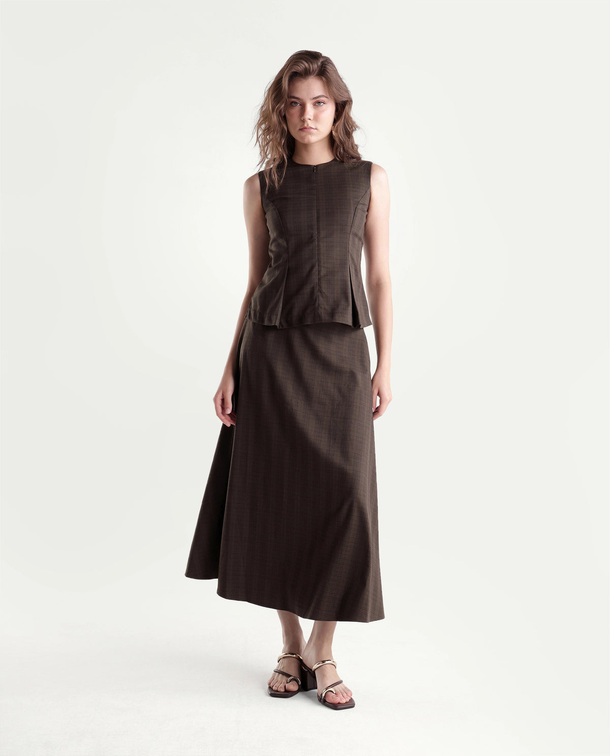 Rareism Women's Quno-B Brown Polyester Blend Flared Checked Skirt