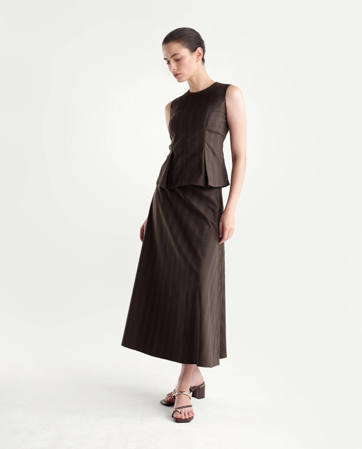 Rareism Women's Quno-B Brown Polyester Blend Flared Checked Skirt