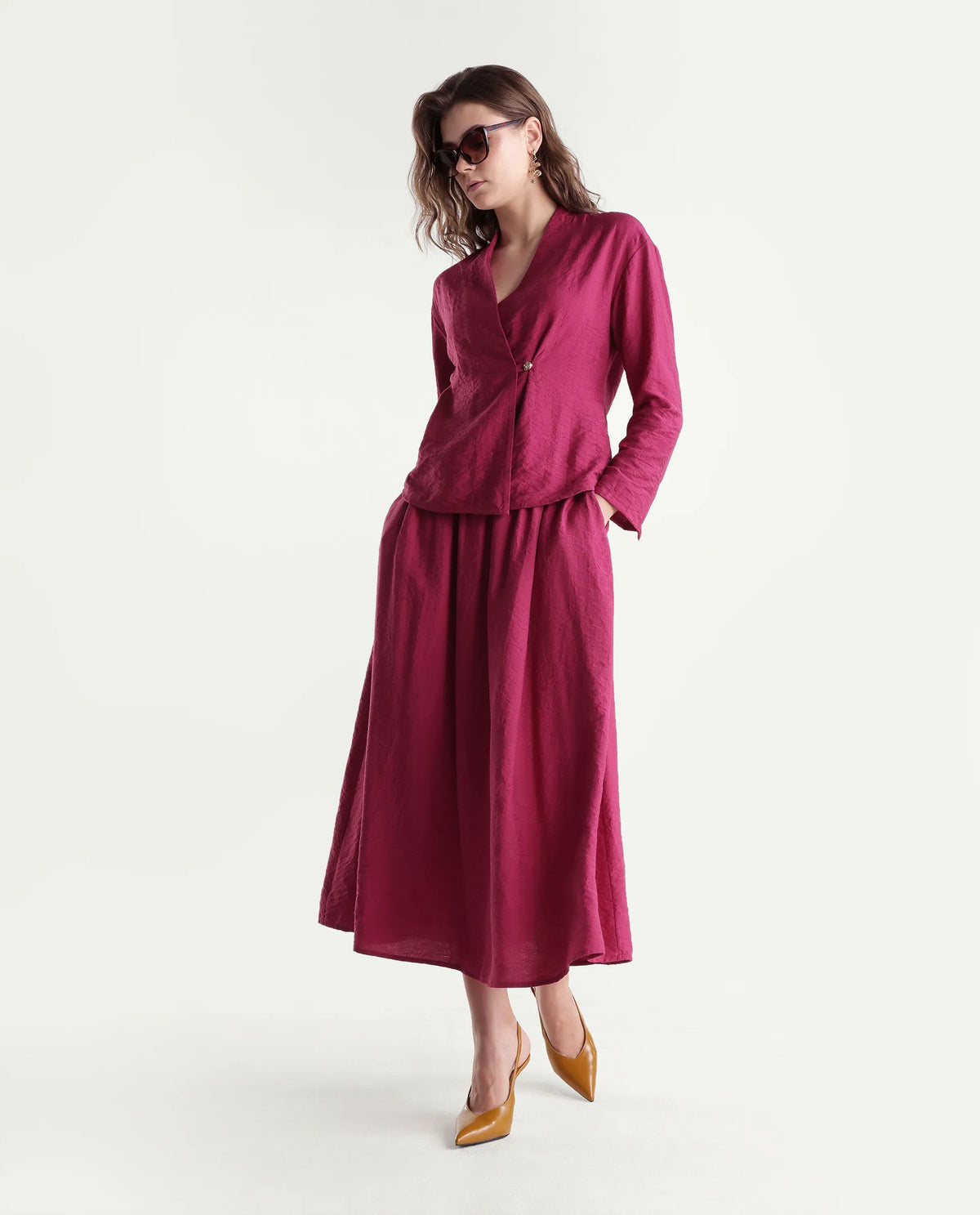 Rareism Women's Willis-B Dark Pink Viscose Blend Flared Plain Skirt