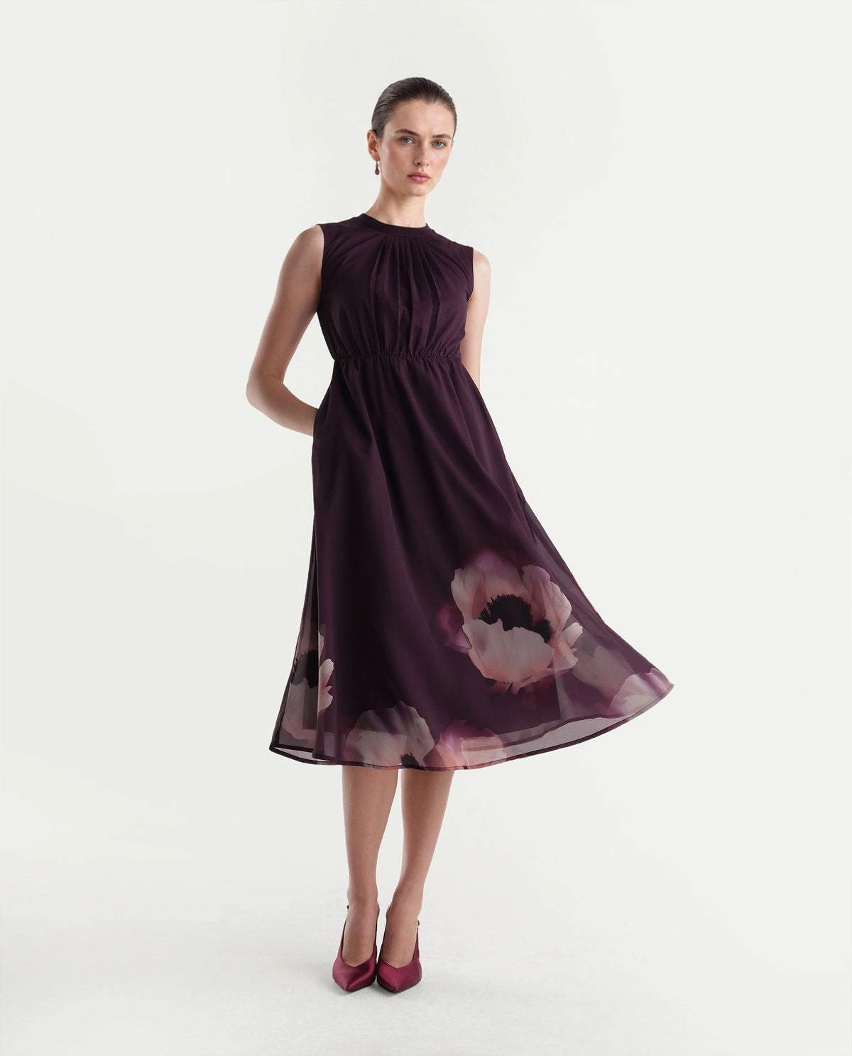 Rareism Women's Wira Purple Polyester High Neck Fit And Flare Floral Print Dress