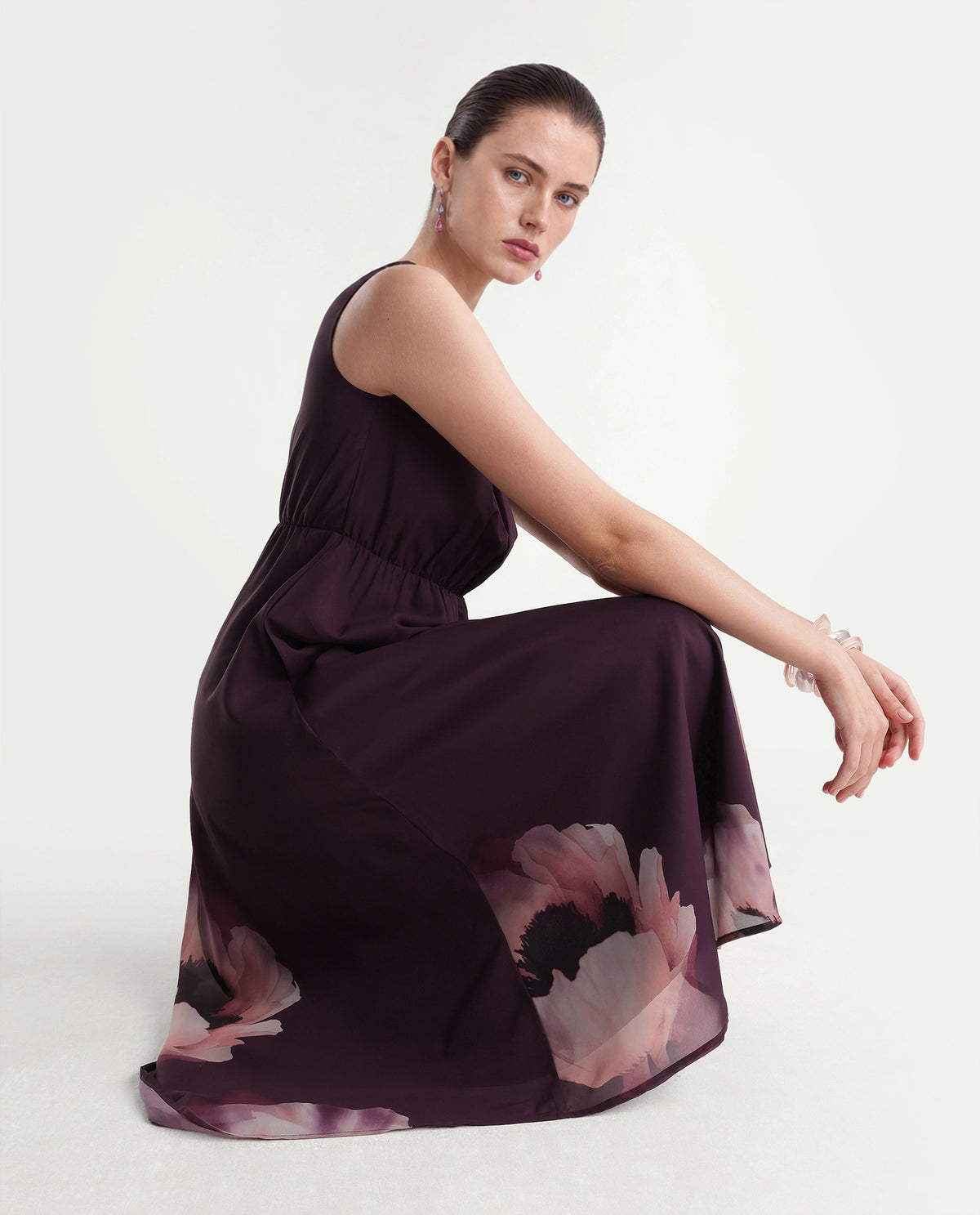 Rareism Women's Wira Purple Polyester High Neck Fit And Flare Floral Print Dress