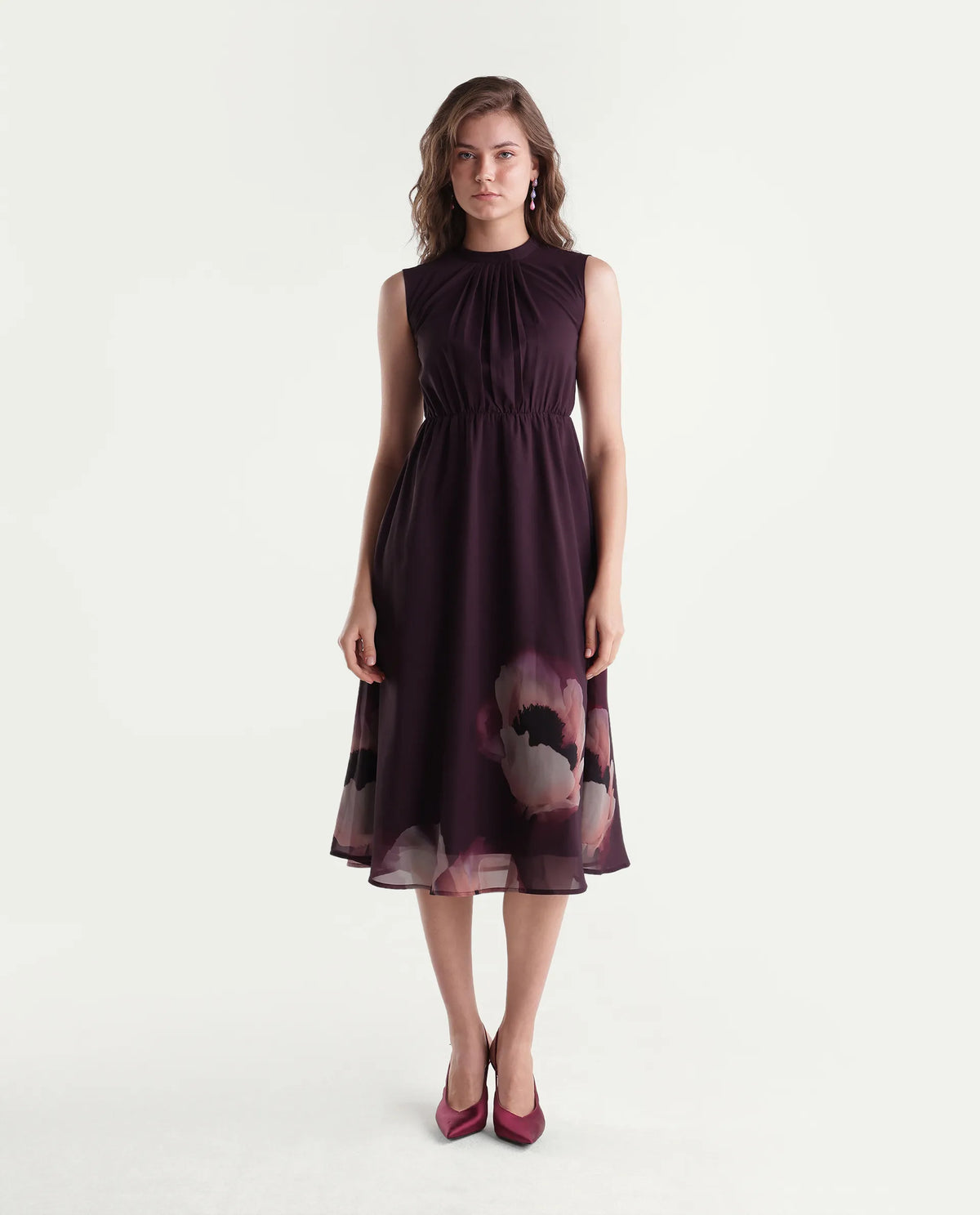 Rareism Women's Wira Purple Polyester High Neck Fit And Flare Floral Print Dress
