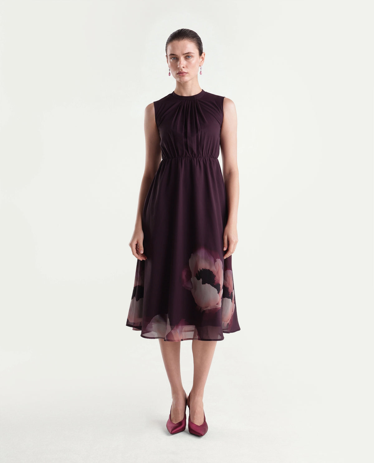 Rareism Women's Wira Purple Polyester High Neck Fit And Flare Floral Print Dress