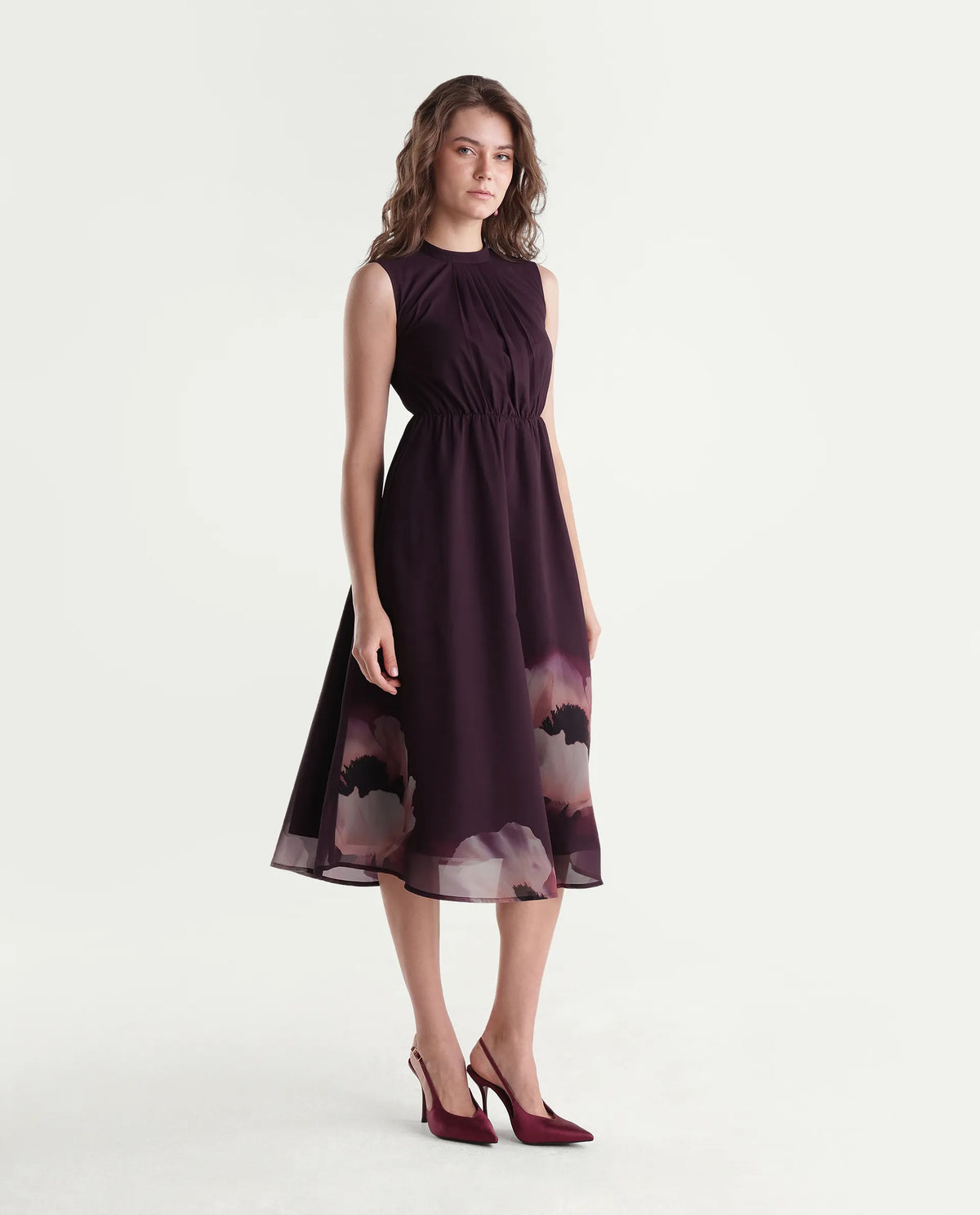 Rareism Women's Wira Purple Polyester High Neck Fit And Flare Floral Print Dress
