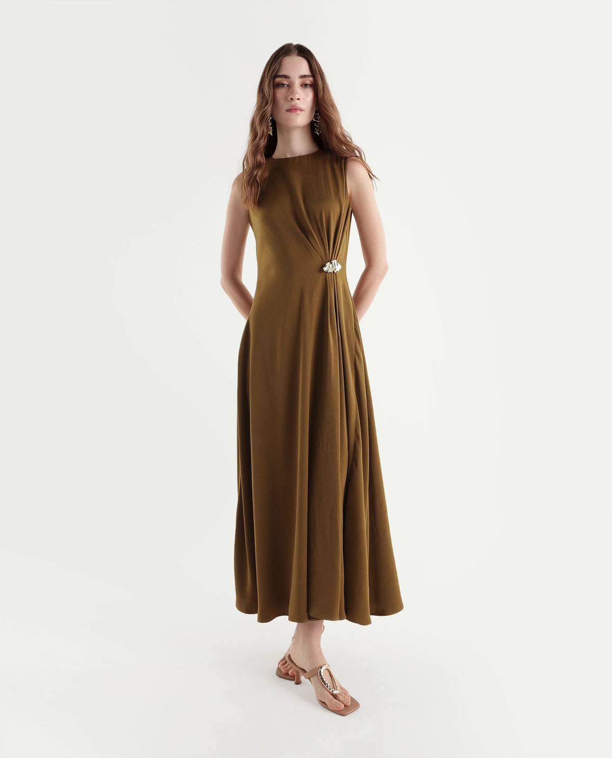 Rareism Women's Xoa Gold Polyester Crew Neck Sheath Plain Dress - image 1