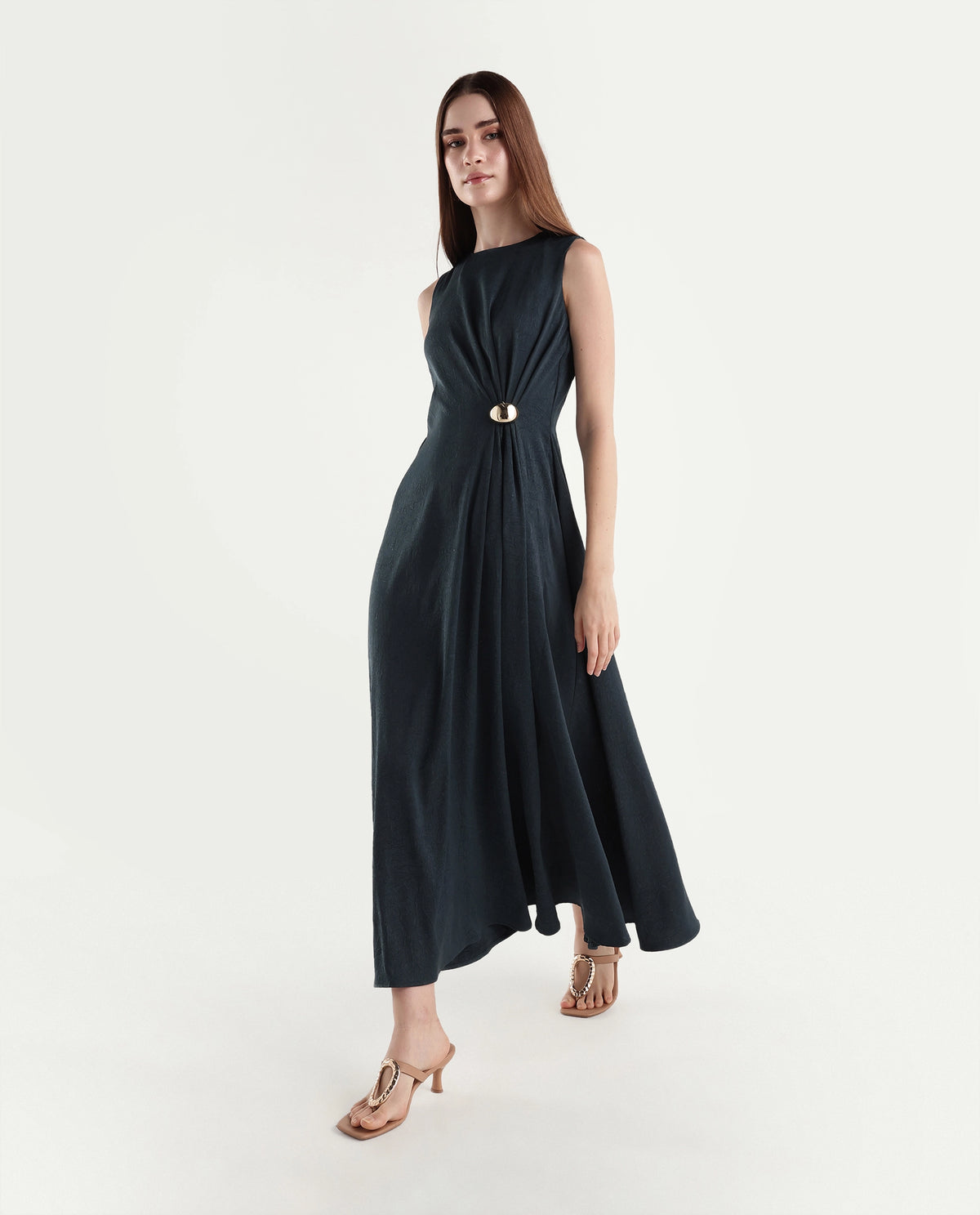 Rareism Women's Xoa Teal Polyester Round Neck Sheath Plain Dress - image 1