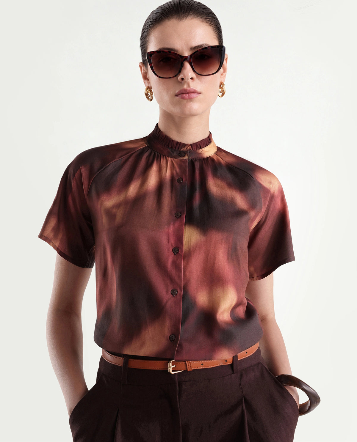 Rareism Women's Sufi Dark Brown Viscose Stand Collar Regular Abstract Print Top
