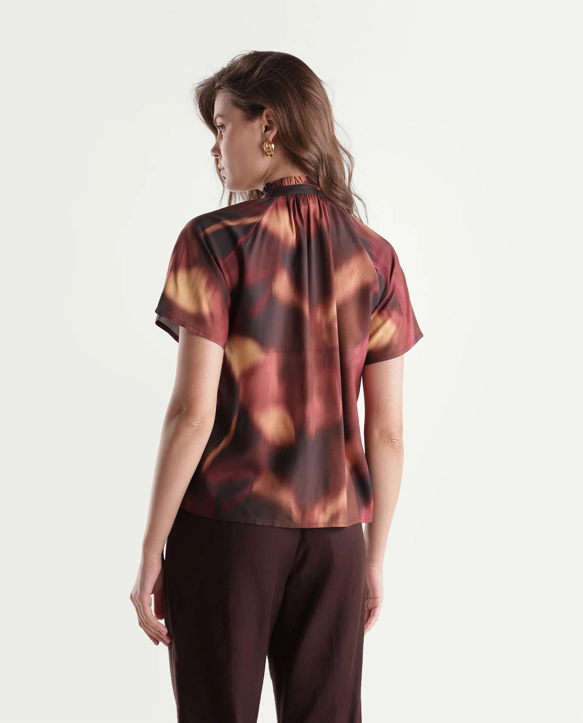 Rareism Women's Sufi Dark Brown Viscose Stand Collar Regular Abstract Print Top