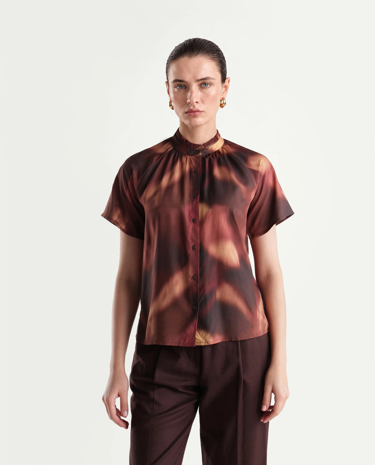 Rareism Women's Sufi Dark Brown Viscose Stand Collar Regular Abstract Print Top