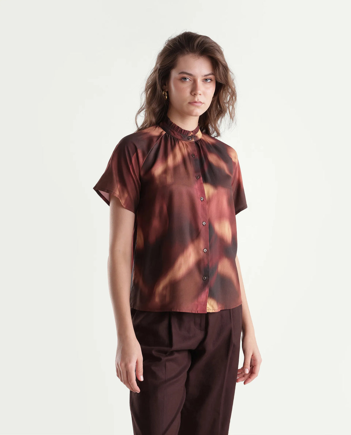 Rareism Women's Sufi Dark Brown Viscose Stand Collar Regular Abstract Print Top