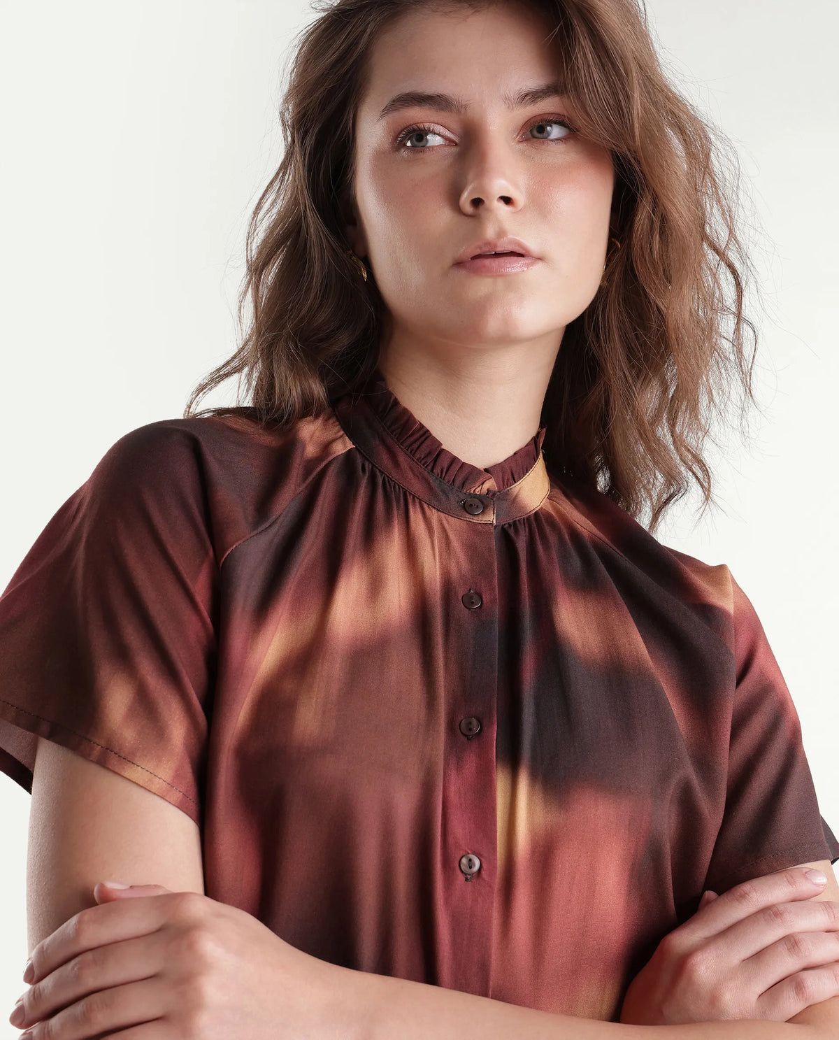 Rareism Women's Sufi Dark Brown Viscose Stand Collar Regular Abstract Print Top